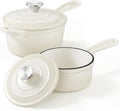 Leonyo 1Qt& 2Qt Saucepan Set, Enamel Cast Iron Dutch Oven Pot, Cream White | For All Cooktops Cooking Pasta, Milk, Oatmeal - Up to 500°F & Nonstick