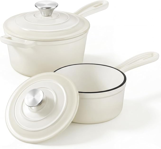 Leonyo 1Qt& 2Qt Saucepan Set, Enamel Cast Iron Dutch Oven Pot, Cream White | For All Cooktops Cooking Pasta, Milk, Oatmeal - Up to 500°F & Nonstick
