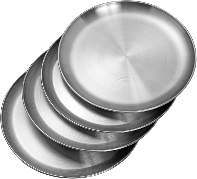 CAMBUY Stainless Steel Plates 10 inch 4 Pcs Metal Dinner Dishes Plate Set | Reusable Unbreakable Lightweight Non-Toxin Dishwasher Safe BPA Free Dish Set for Home Kitchen BBQ Restaurant Outdoor Camping