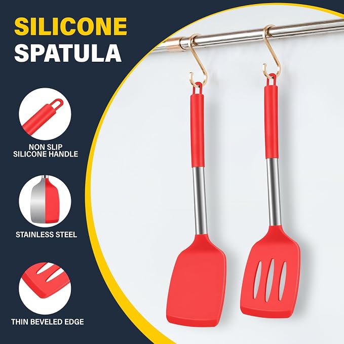 2 Pack Silicone Spatula Set, Solid & Slotted Turner for Non-Stick Pans, High Heat Resistant Silicone Spatula for Cooking, BPA-Free Stainless Steel Cooking Utensils for Fish, Eggs, Pancakes, Red