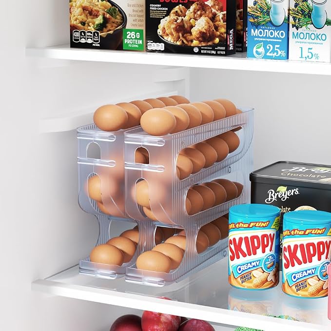FIFO Egg Holder for Fridge, Egg Organizer for 28 Large Size Eggs | 1-Pack Auto Rolling Egg Dispenser for Refrigerator, Space-Saving Egg Roller/Container/Storage(Frosted Clear)