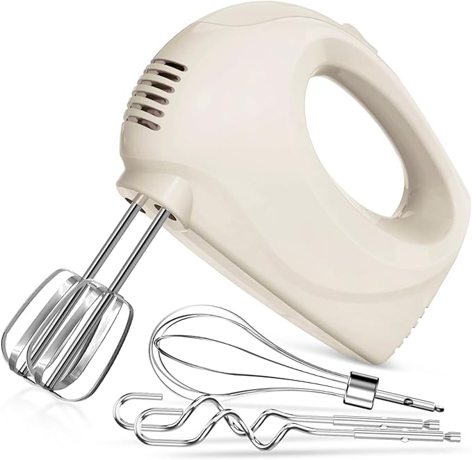 Showvigor Electric Hand Mixer with 5 Stainless Steel Whisks,5 Speed,Ivory | Portable Kitchen Mixer Electric Whisk, Food Beater for Whipping Mixing Cookies