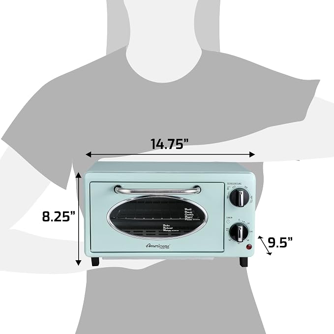 Elite Gourmet ETO147M Retro Diner Toaster Oven, Fits 8" Pizza, 1000W, Mint | 60-Min Adjustable Timer & Temp Control, Bake & Toast functions, 2-Slice, Countertop Design, Americana Collection