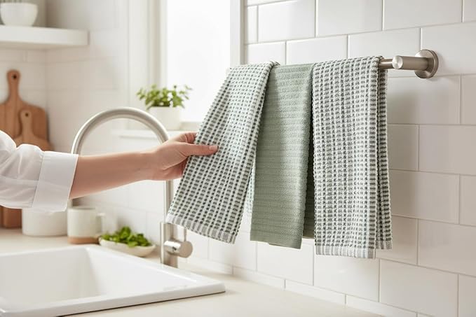 Sage Green Kitchen Dish Towels- Set of 3 100% Cotton Soft Cleaning Drying Absorbent Textured Terry Loop- Oversized 28" x 18" Multipurpose Towels for Everyday Use