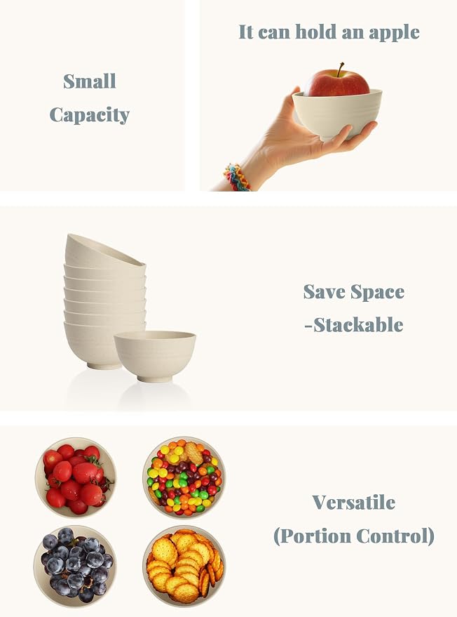 10 OZ Dessert Bowls Wheat Straw Small Bowls Reusable Kids Bowl Mini Bowl for Ice Cream, Side Dishes, Fruit, Snack, Portion Control Unbreakable Lightweight Bowl Set, Microwave Safe (Beige)