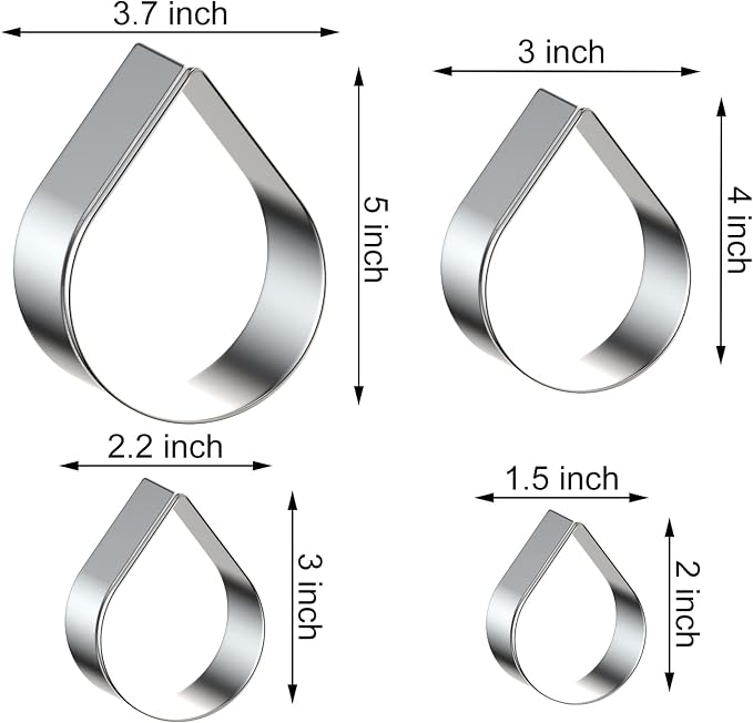 Teardrop/Raindrops Cookie Cutter Set Large - 5 Inch, 4 Inch, 3 Inch, 2 Inch -Water Drops Rose Flower Petal Cookie Cutters Molds - Stainless Steel