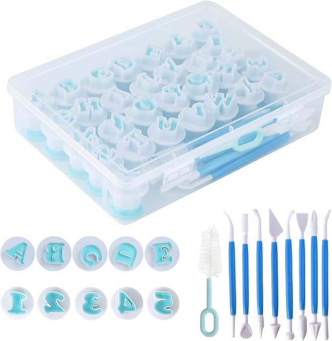 HUAFA 36-Piece Alphabet & Number Cookie Cutter Set with 8 Carving Tools and Cleaning Brush