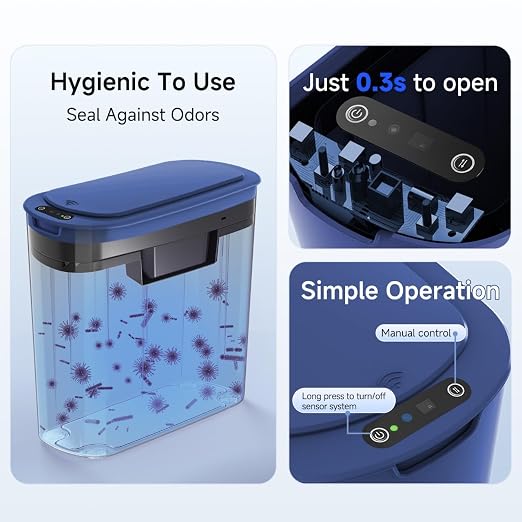 TIPGO 5 Gallon Automatic Bathroom Trash Can with Lid, Blue, Touchless | Motion Sensor, Slim Smart Garbage Bin, Plastic Wastebasket, Battery Operated, Manual Button, for Bedroom, Office,RV