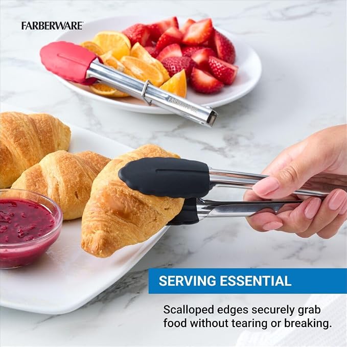 Farberware Mini Kitchen Tongs Set of 2, 7 Inch Stainless Steel Cooking Tongs with Silicone Tips, Heat Resistant to 450F, Ring Lock for Compact Storage, Dishwasher Safe, Red and Black