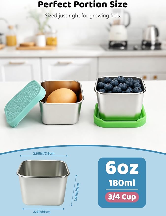 HTEVW 6 Pack Stainless Steel Snack Containers for Kids, 6 oz Food Container | Reusable leak resistant silicone lids food containers . Perfect for school lunch, daycare, travel and portion control.