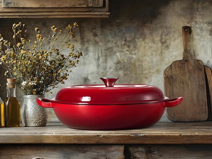Leonyo 3.6QT Cast Iron Braiser Shallow Dutch Oven with Lid, Red | Nonstick Enameled Cast Iron Casserole Skillet, Cast Iron Cookware Shallow Dutch Oven with Lid for All Cooktop, Oven Safe