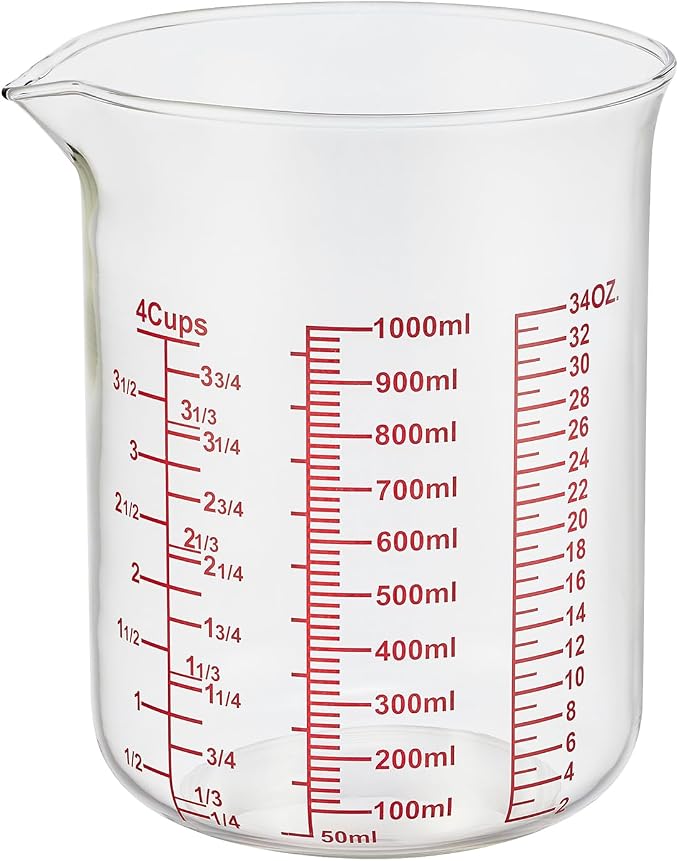 High Borosilicate Glass Measuring Cup-V-Shaped Spout，Glass Measuring Beaker for Kitchen or Restaurant, Easy to Read, 1000 ML (32 Oz, 4Cup)
