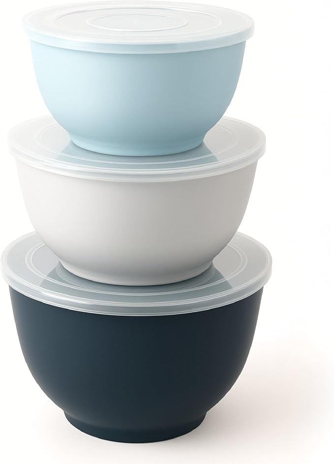 TP Melamine Mixing Bowl Set with Lids, Salad Bowl Set of 3, Blue&White | Nesting Design,Break-resistant,Pasta & Salad Prep, Baking Prep, Space-saving Storage, Freezer Safe, Dishwasher Safe