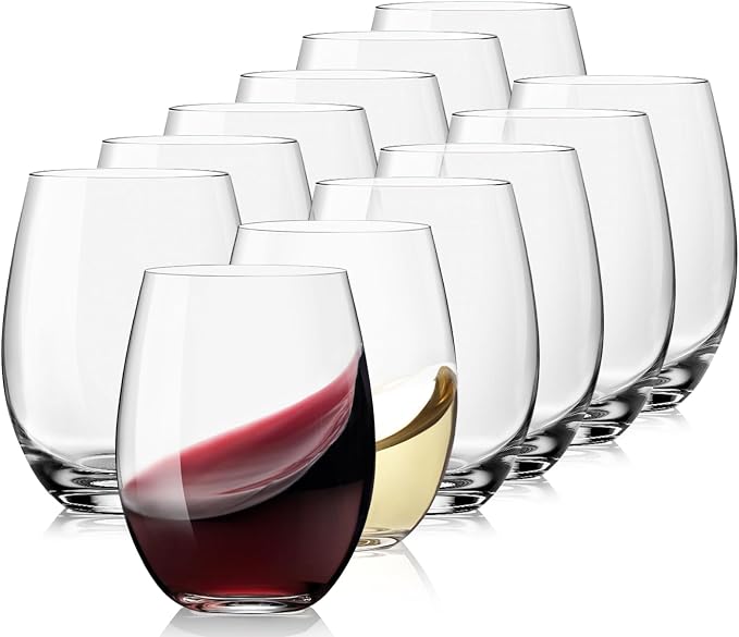 OJA Wine Glasses Set, Crystal Stemless Red Wine Glass, Set of 12, 15 oz | No Stem, Clear, Sturdy Drinking Glass for White Wine, Daily Use, Birthday, Wedding, Home Party, Anniversary, Shower Gift