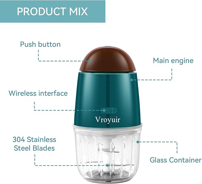 Mini Food Processor, Cordless Small Food Chopper & Blender, Dishwasher Safe | for Meat,Vegetables,Fruit – 200W Portable,6 Sharp Blades–1.3 Cup (10 oz) Glass Container, Compact Kitchen Gadget
