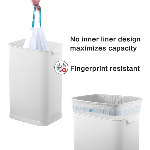 13 Gallon Trash Can, Touchless Stainless Steel Kitchen Bin (White) | Automatic Motion Sensor Lid | 50L Fits 13 Gal Tall Kitchen Bags | Anti-Fingerprint Brushed Finish | For Home Office