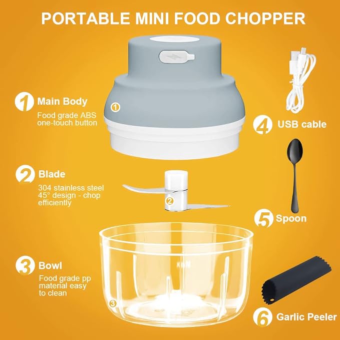 Electric Garlic Chopper Mini, Electric Garlic Masher Crusher, Food Processor Small with Garlic Peeler And Spoon, 100ML, Gray