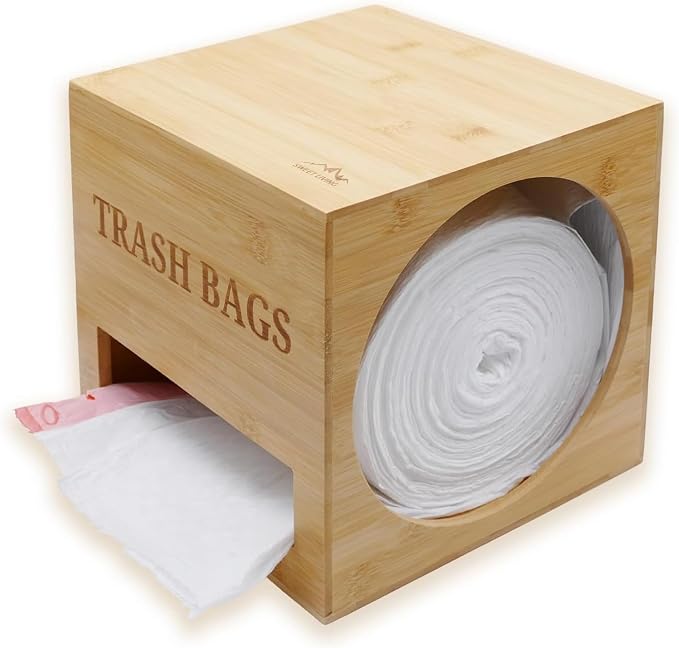 Trash bag holder dispenser | Bamboo garbage bag holder dispenser for Under Sink Storage | Wall Mount trash bag holder | Portable Hanging Organizer for Kitchen & Utility Use