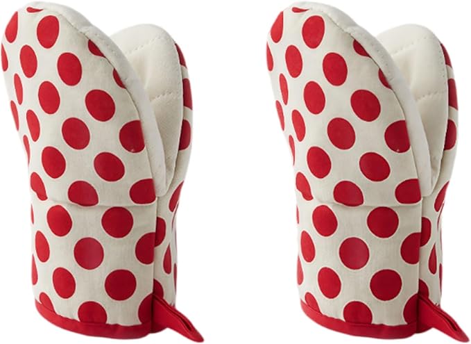 1 Pair Mini Oven Mitts,High Heat Resistant Oven Gloves,Kitchen Short Oven Mit with Hanging Loop for BBQ, Baking, Cooking and Grilling, (dotRed)