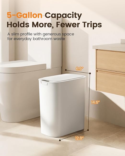 TIPGO 5 Gallon Automatic Bathroom Trash Can with Lid, White, Touchless | Motion Sensor, Slim Smart Garbage Bin, Plastic Wastebasket, Battery Operated, Manual Button, for Bedroom, Office,RV