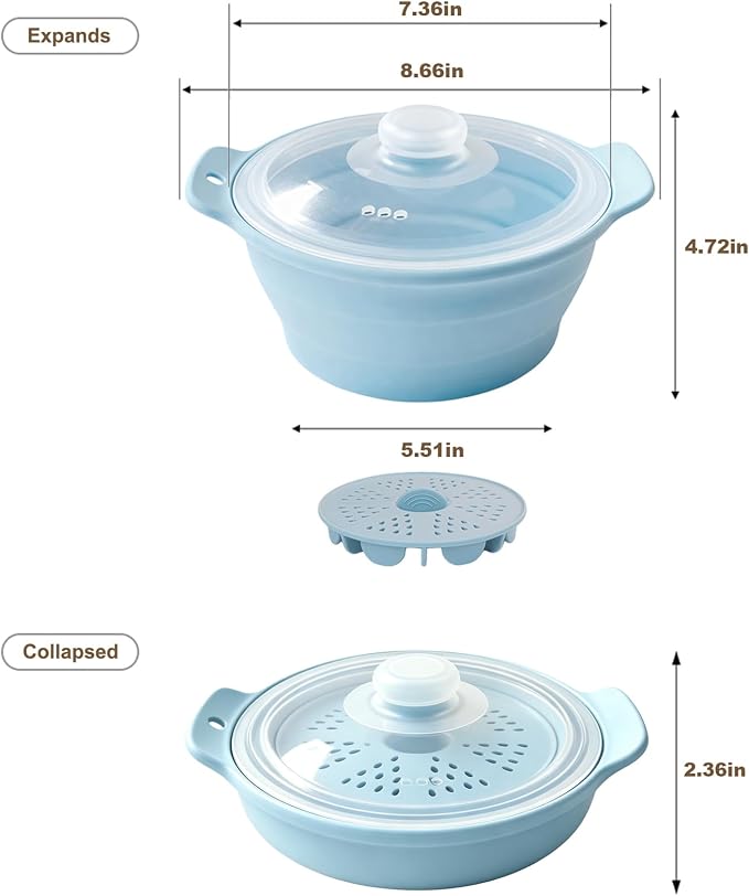 42oz Silicone Microwave Food Steamer with Steam Basket, Collapsible Steamer for Cooking Vegetable, Seafood, Dumplings, Rice Cooker, BPA Free Small Steam Pot with Handle & Lid, Dishwasher Safe (Blue)