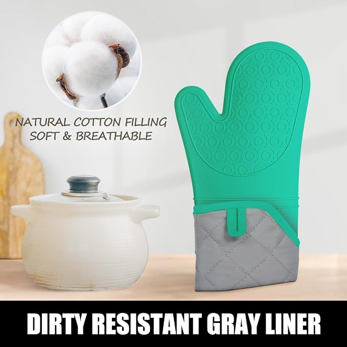 RORECAY Silicone Oven Mitts and Pot Holders Sets, Gloves for Kitchen, Green | Set of 6 Kitchen Mitts for Baking & Cooking, Heat Resistant 500 ℉, 15" Extra Long, Non-Slip & Waterproof, Quilted Cotton