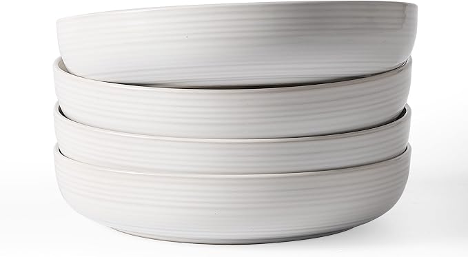 famiware Milkyway 33 oz Pasta Bowls Set of 4, White Thread | Double Reactive Glaze, Scratch-Resistant Stoneware Salad Bowls, Stackable, Dishwasher & Microwave Safe, Lead-Free
