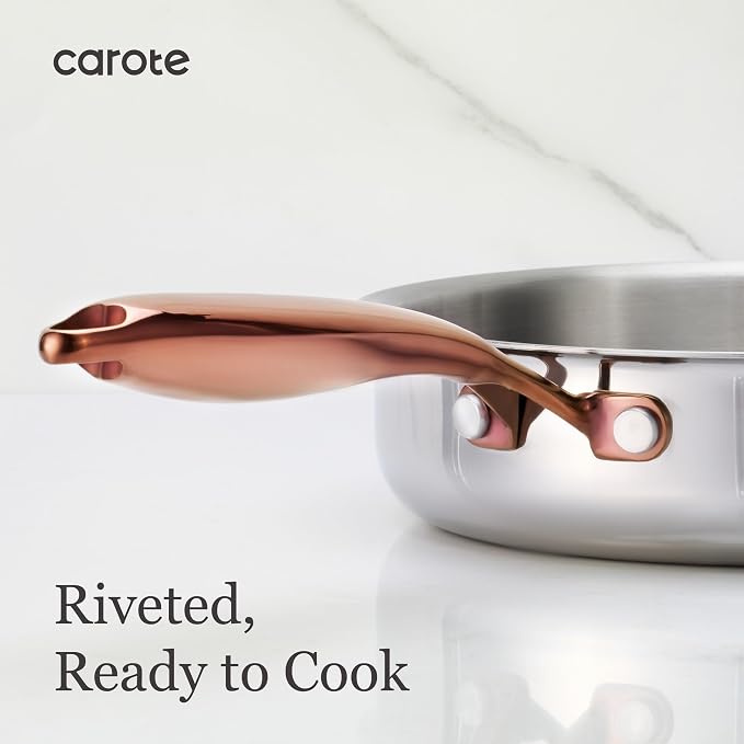CAROTE 10" Tri-Ply Stainless Steel Deep Frying Pan with Lid, Non-Toxic Saute Pan, Oven Safe, Induction, Ceramic and Gas Cooktops Compatible, Silver