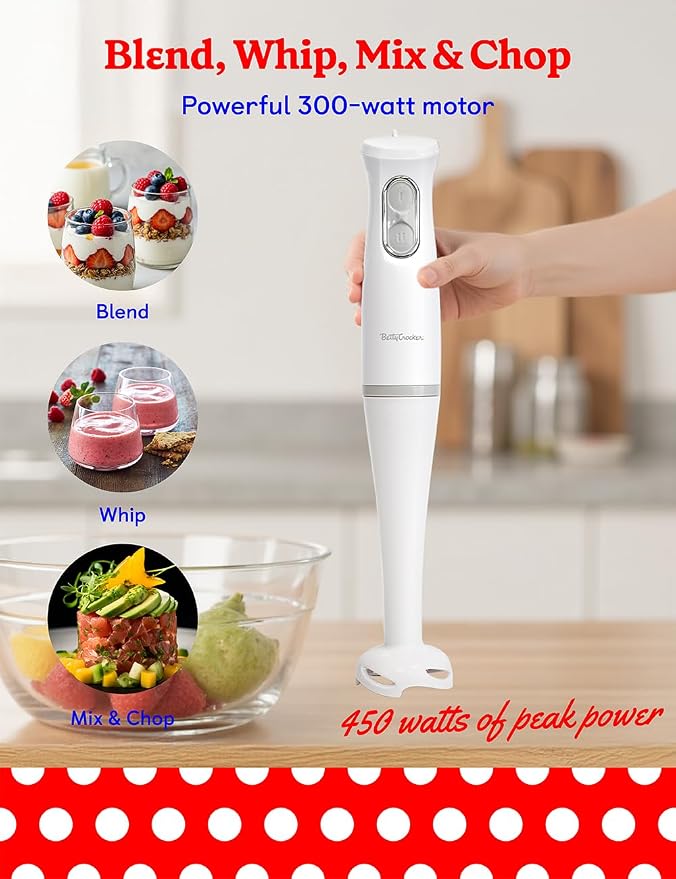 Betty Crocker 2-Speed Hand Blender, 20-Oz. Beaker, BC-4307W, White | Immersion Blender, 300W Motor 450W Peak Power, Soft-Touch Pulse Control, Stainless Steel Blade, BPA Free