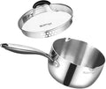 SLOTTET 3.5 Quart Stainless Steel Saucepan with Pour Spout, Tri-Ply Full Body Small Multipurpose Pot with Strainer Glass Lid, 3 Qt Sauce Pan for Cooking with Stay-cool Handle.