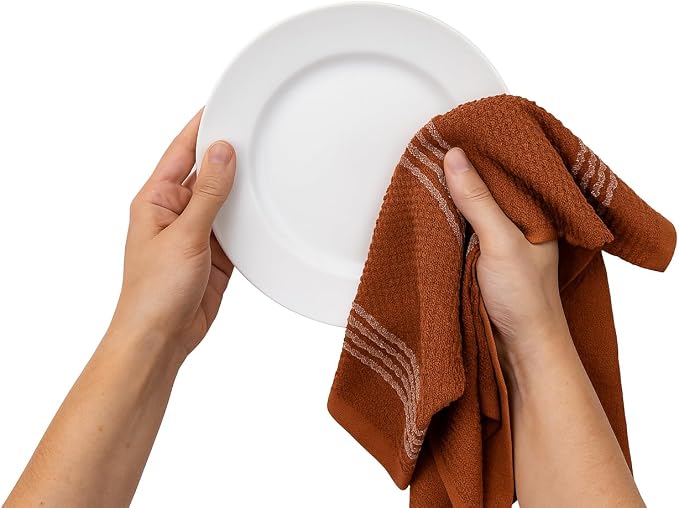 Terracotta Orange Rust Kitchen Dish Towels, 3 PC, 100% Cotton, 18" x 28" | Modern Farmhouse Textured Stripe Weave, Oversized Dish Cloth, Soft & Absorbent, Quick Dry, Multipurpose Everyday Use