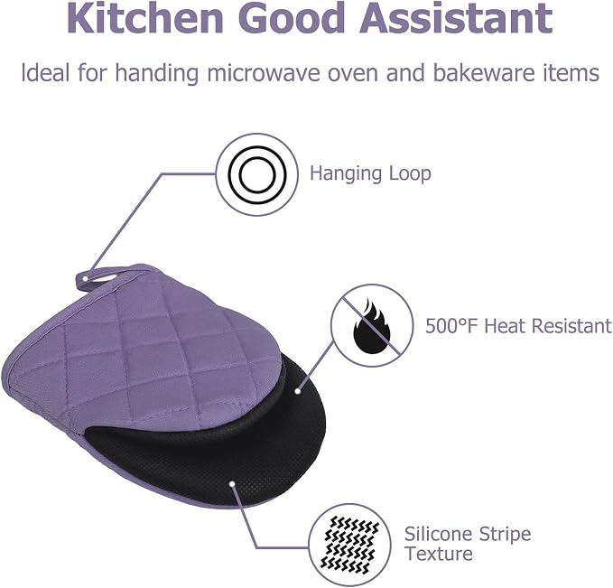 Goldmeet Mini Oven Mitts 2-Pack, 7"x5.5", 500°F Silicone Grip, Taro Purple | Non-Slip, Heat Resistant, Machine Washable, Hanging Loop, Fits Small Hands, for Baking Grilling BBQ Cooking