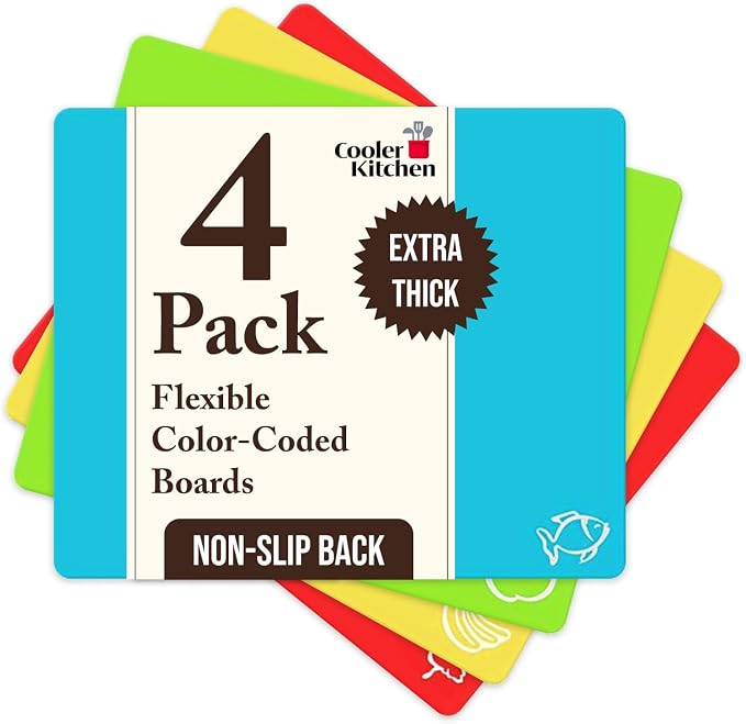Cooler Kitchen 4 Piece Flexible Plastic Cutting Boards for Kitchen, BPA Free Plastic Cutting Mats For Kitchen - Extra Thick Chopping Mats - Mats Color Coded with Food Icons - Non Slip Dishwasher Safe