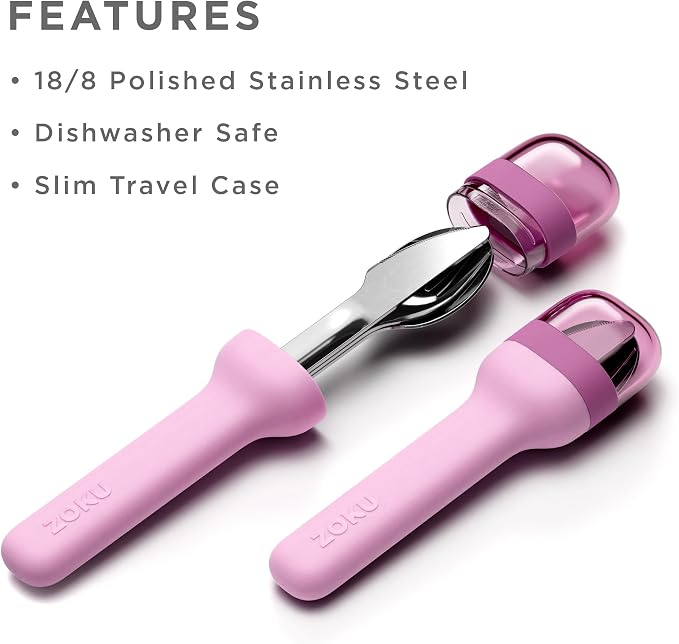 Zoku Pocket Utensil Set Stainless Steel Fork, Knife, and Spoon in Case Purple