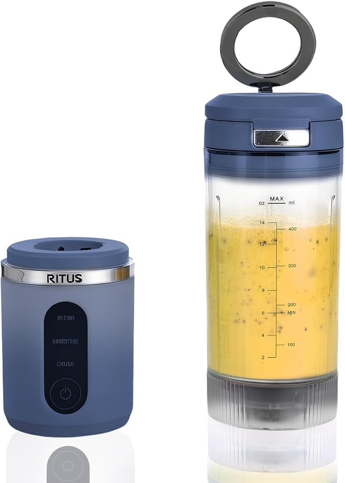 RITUS Cordless Portable Blender,Juice Blender,Removable Vessel-for-Smoothies Blend Ice Crush 3 Programs,20oz BPA Free Vessel Magnetic-Ring Dishwasher Safe, Leakproof，Blue