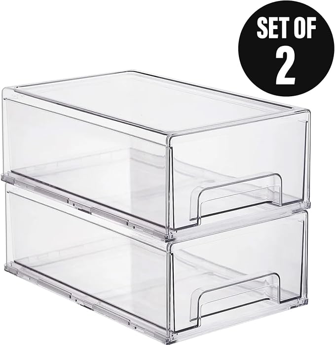Clear Plastic Stackable Storage Drawers Bins, Perfect for Kitchen Pantry Organization and Storage, Under Sink Organizer, Pull Out Cabinet Organizer, Makeup, Bathroom Storage Containers for Organizing