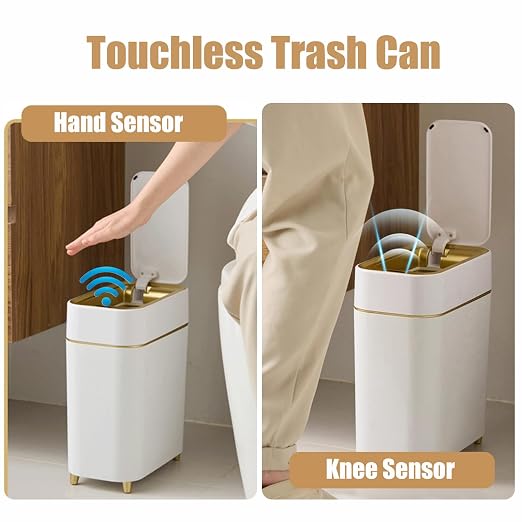 Yatmung Motion Sensor Trash Can Bathroom Automatic Lid - Sensor Garbage Can | Bathroom, Bedroom, Kitchen, Laundry room, Small Spaces - Compact Smart Trash Bin - White with Gold Edge, 1Pack