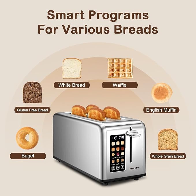 Mecity Touchscreen Toaster, 2 Long Slots for 4 Slices, Digital Bread & Browning Control, Stainless Steel Slim Toaster with Bagel, Gluten-Free, Defrost & Reheat, 120V, 1400W