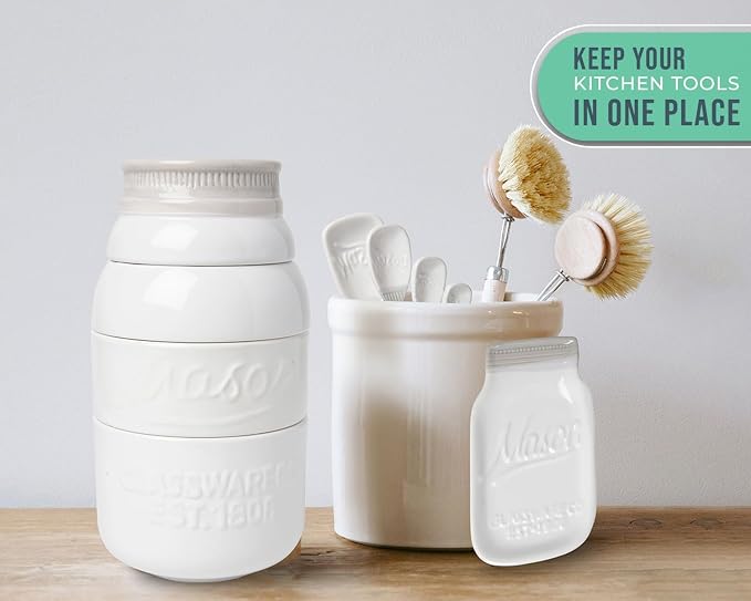 Comfify White Mason Jar Measuring Set – 4 Cups, 4 Spoons, Spoon Rest | White; ceramic; 9-piece set; 4 measuring cups + 4 measuring spoons + spoon rest; mason jar design; hand wash only