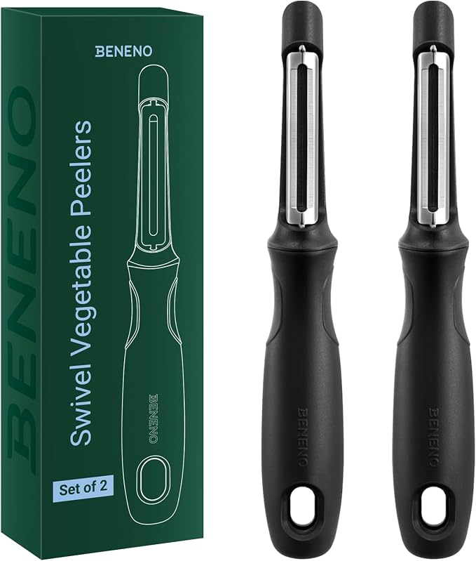 Beneno Swivel Vegetable Peeler, Smooth Peeling Potato Peeler (2, Black) | Razor-Sharp Stainless Steel Blade, Ergonomic Non-Slip Grip, Built-In Potato Eye Remover, Durable Design for Fruits & Veggies