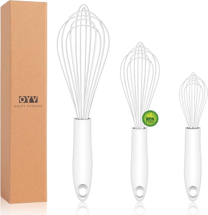 OYV White Silicone Whisk Set of 3, 8/10/12 Inch, Heat Resistant 480°F | Sealed Waterproof Handles, Non-Scratch Silicone-Coated Wires, Nonstick-Safe, Durable Stainless Steel Cores, BPA free