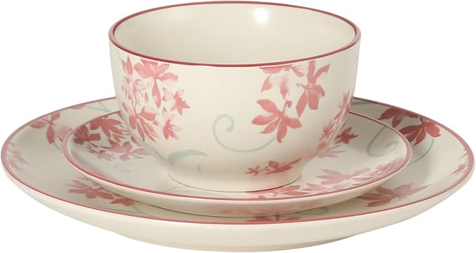 Gibson Home Admiral Hall 12-Piece Matte Stoneware Dinnerware Set – Dinner Plates, Salad Plates & Bowls with Pink Floral Pattern, Durable Everyday Dish Set, Microwave & Dishwasher Safe