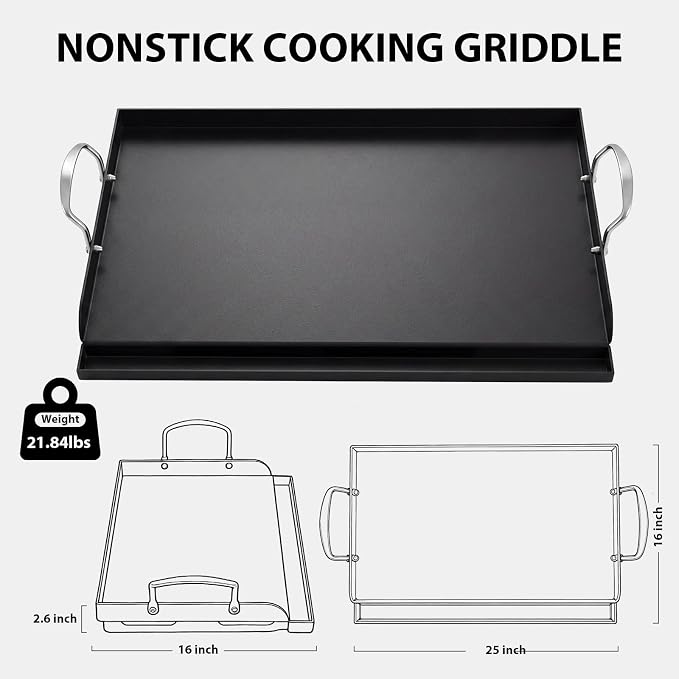 Utheer 25" x 16" Pre-Seasoned Nonstick Cast Iron Griddle for Gas & Charcoal | Universal Flat Top with Grease Groove, Reinforced Ridges & High Sidewalls, Great for Stove, Parties, Camping & Tailgating