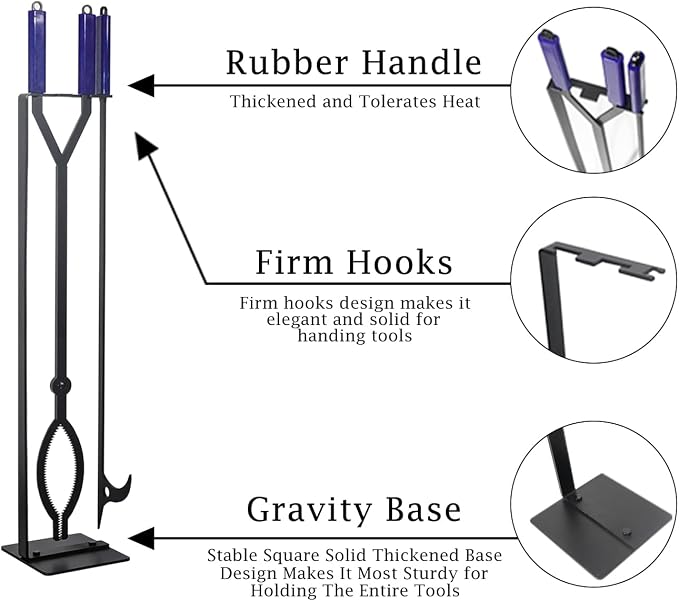 40in Heavy Duty Fire Pit Tools Set, Wrought Iron | Large Fireplace Tool Set with Metal Stand, Solid Steel Firewood Grabber for Campfire Backyard Bonfire Indoor Outdoor Use