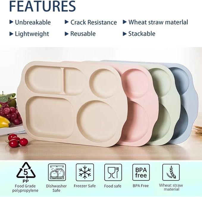 PUPOPIK 12 Inch Divided Plates4 PCS - Reusable Unbreakable Wheat Straw Plates, Dinnerware Lunch Tray Plates Tableware for Kitchen, Picky Eaters, Campers and Portion Control (Blush)