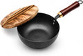 7.8-Inch Small Carbon Steel Wok with Wooden Lid, 1.6QT | Cold-Forged Flat Bottom, Coating-Free Carbon Steel, Induction Ready, Compact Size for Eggs, Ramen, Soup and Oatmeal