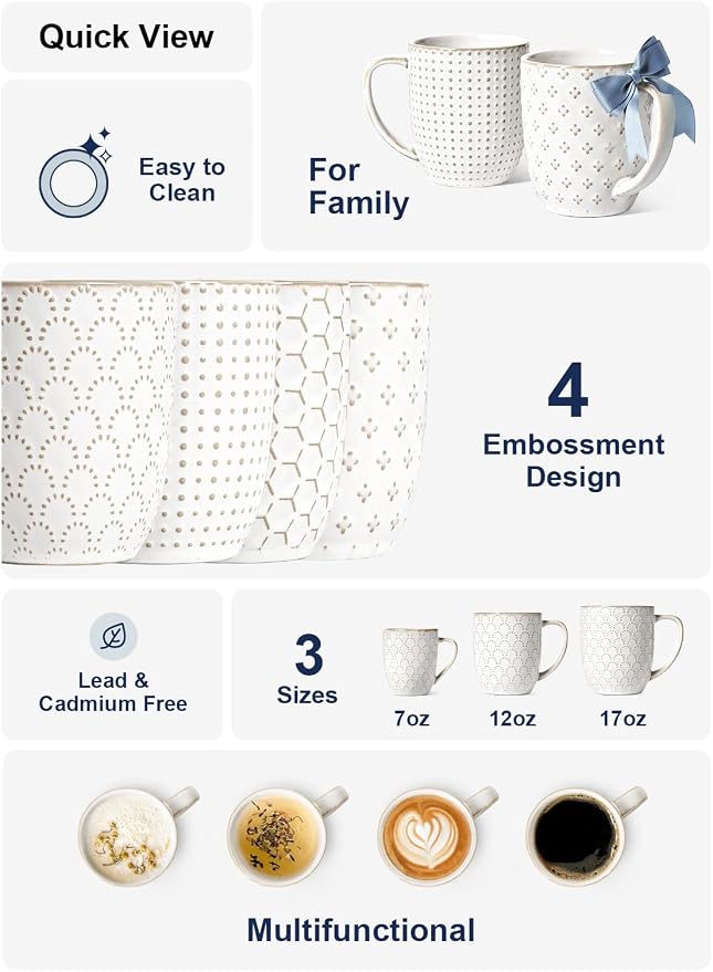 LE TAUCI Coffee Mugs 12 oz, Ceramic Mug Set Set of 4, Embossment Cups for Espresso, Latte, Tea, Cocoa, Cappuccino & Mocha, Dishwasher Oven Microwave Safe - 3.4 inch, Arctic White