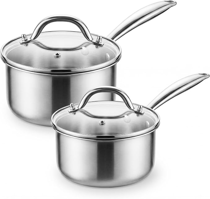 Tri-Ply Stainless Steel Pot 1.5Qt & 2.5Qt with Lids | Heavy Duty, Induction Ready, Nonstick, Stay-cool Handle, Dishwasher Safe, Multipurpose Cookware, Even Heat Conduction