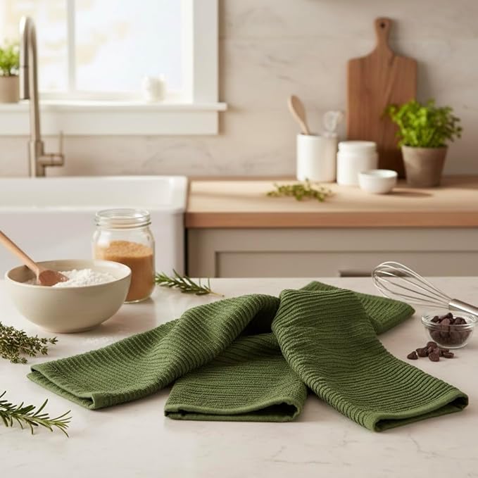 Avocado Forest Green Kitchen Dish Towels, Set of 3, 100% Cotton, 18" x 28" | Terry Loop Ribbed Textured, Soft & Absorbent Cleaning Cloth, Quick Dry, Multipurpose for Everyday Use