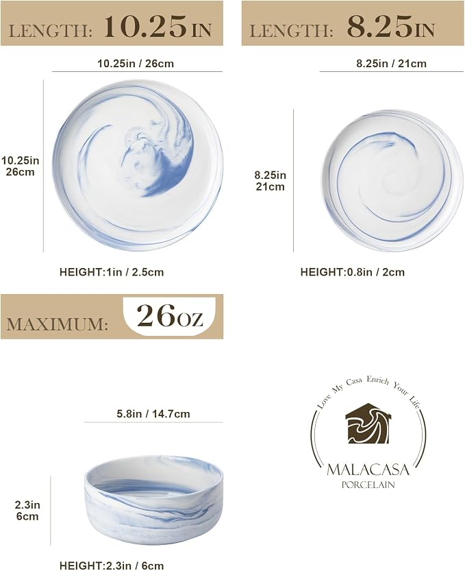 MALACASA 12 Pcs Porcelain Plates and Bowls Sets,Dinnerware Set for 4,Blue | Modern Ceramic Dishware Set,Kitchen Dining Ware,Microwave and Dishwasher Safe,Unique Marble Blue Design,Series LUNA